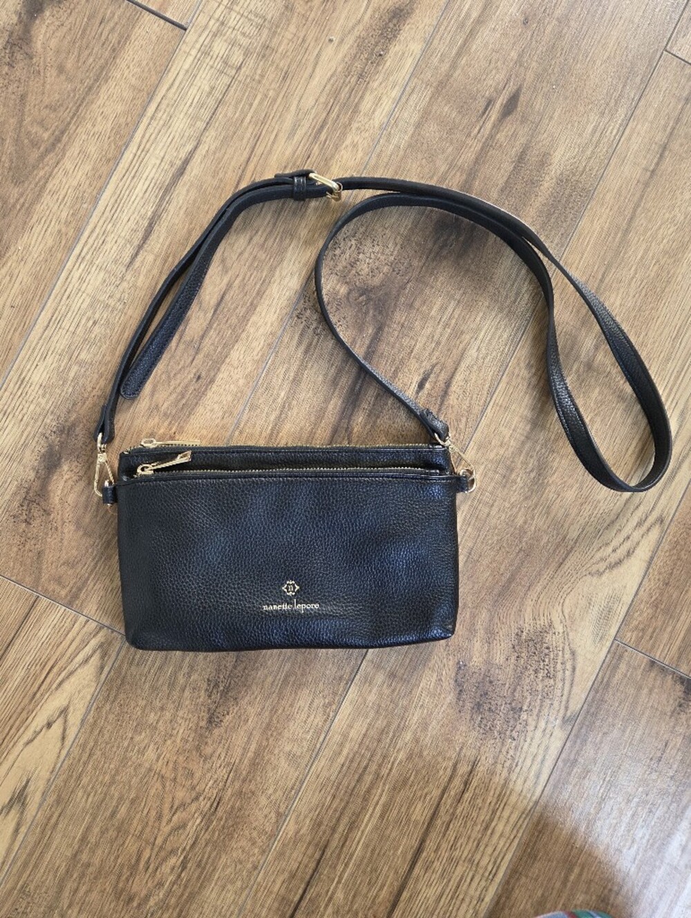 Nanette Lepore Black Pebbled Faux Leather Crossbody Bag With Gold Hardware